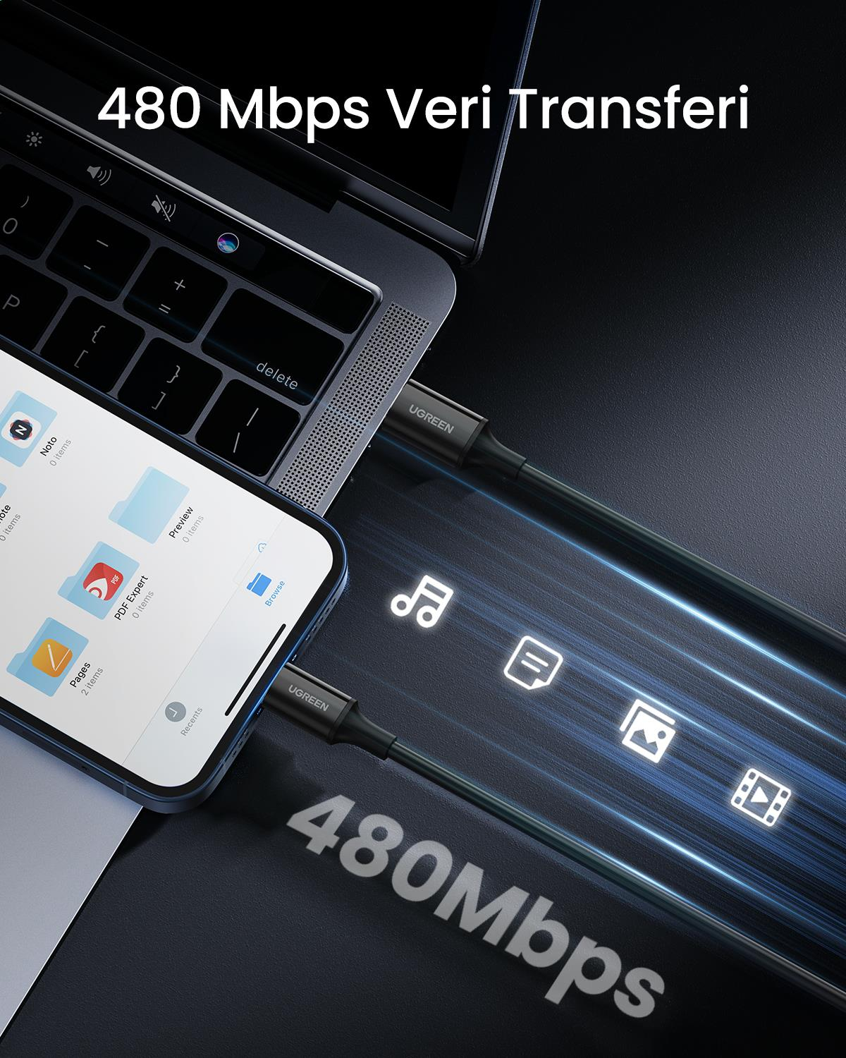 UGREEN Type-C to Lightning 3A PD MFi Sertifikalı Hızlı Şarj Kablosu, 1 Metre, Siyah, 60751