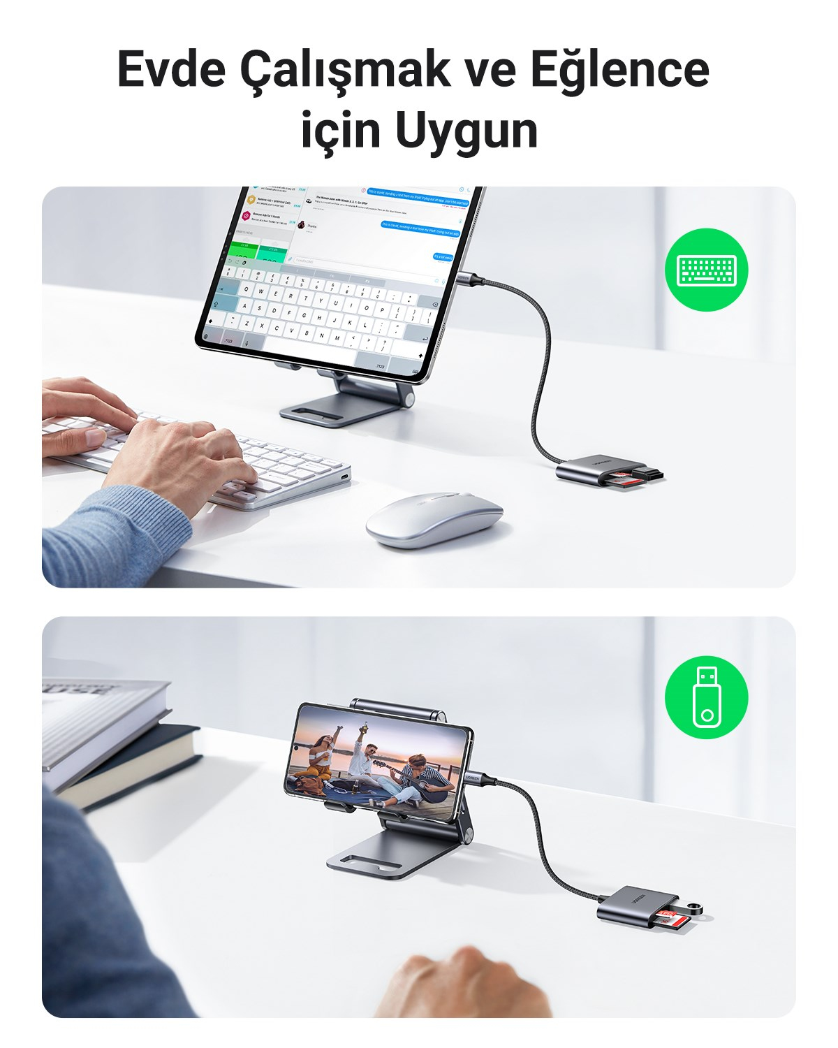 UGREEN Type-C to SD Micro SD/TF + USB 2.0 Kart Okuyucu Adaptör, 80798