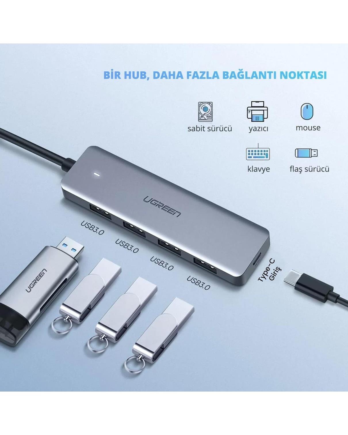 UGREEN Type-C USB 3.0 4 Port USB Hub Çoklayıcı, Gri, 70336
