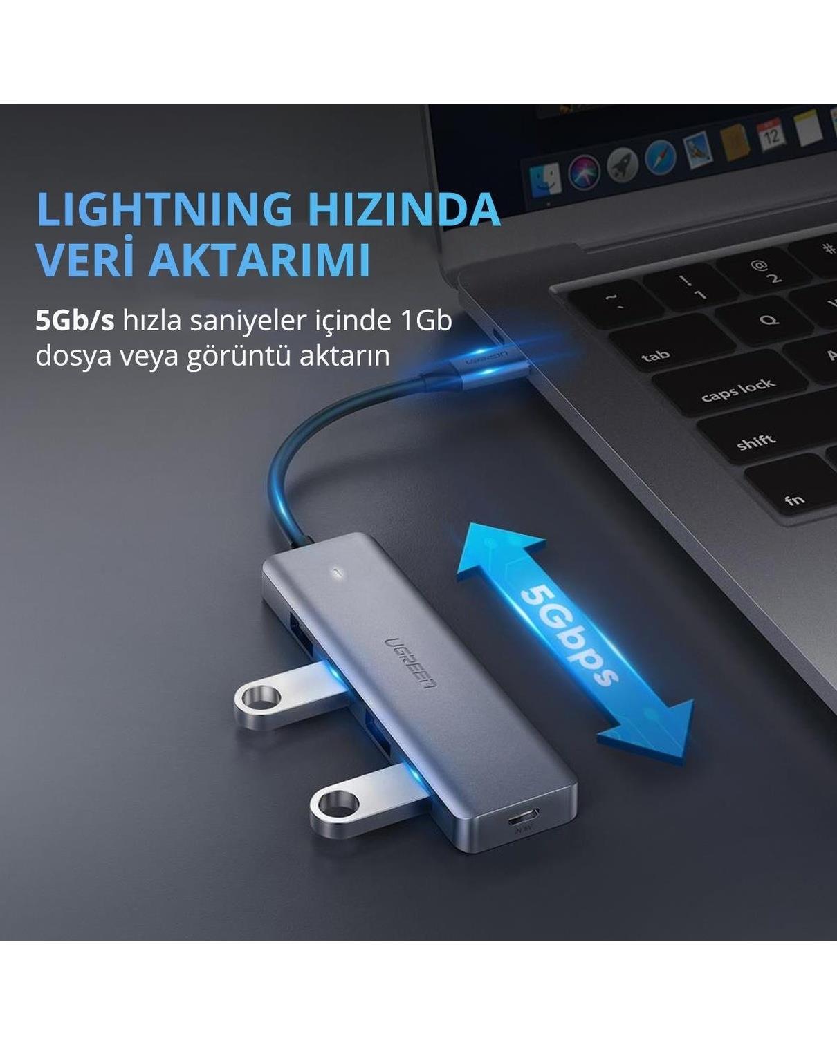 UGREEN Type-C USB 3.0 4 Port USB Hub Çoklayıcı, Gri, 70336