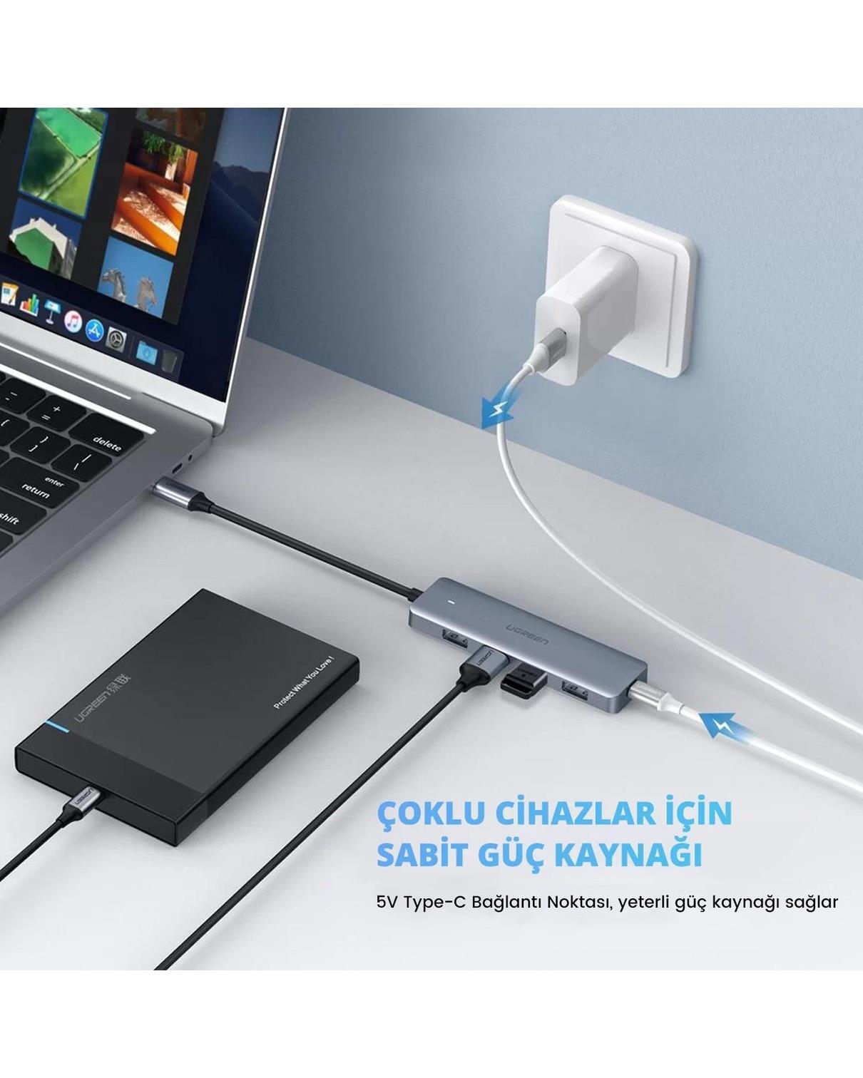 UGREEN Type-C USB 3.0 4 Port USB Hub Çoklayıcı, Gri, 70336