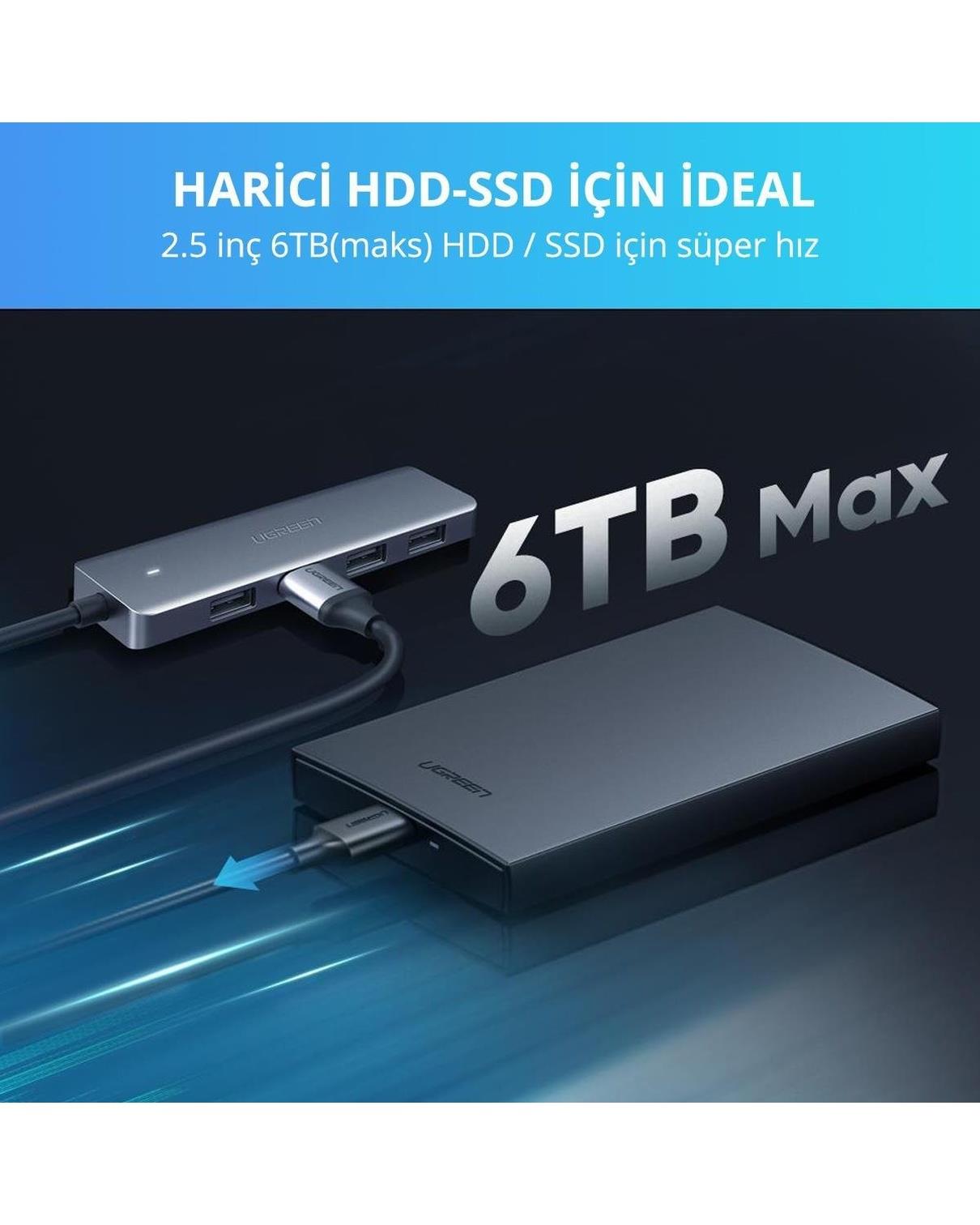 UGREEN Type-C USB 3.0 4 Port USB Hub Çoklayıcı, Gri, 70336