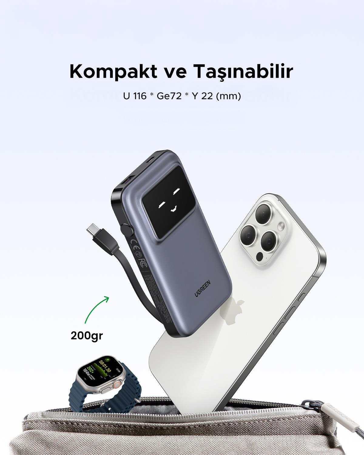 UGREEN Uno Dahili Kablolu 10.000 mAh 30W Hızlı Şarj Powerbank, Siyah, 35603B