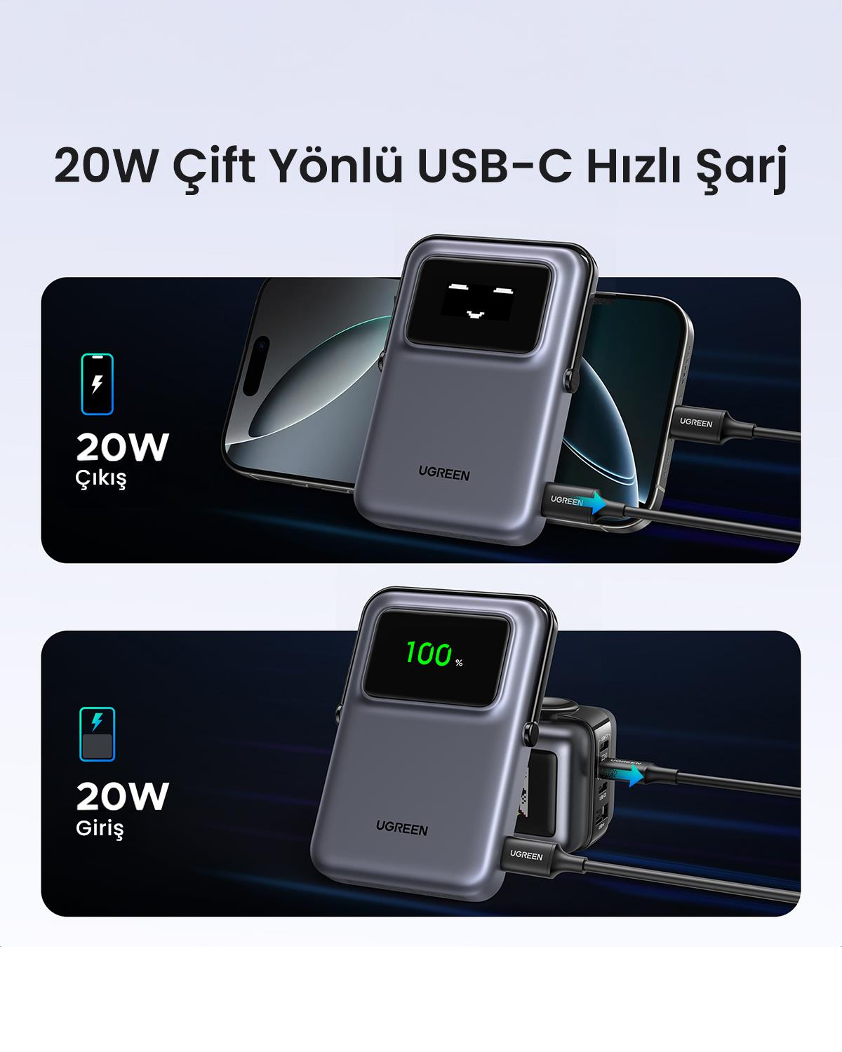 UGREEN Uno MagSafe Wireless 10.000 mAh 20W Hızlı Şarj Mini Powerbank, Siyah, 45327