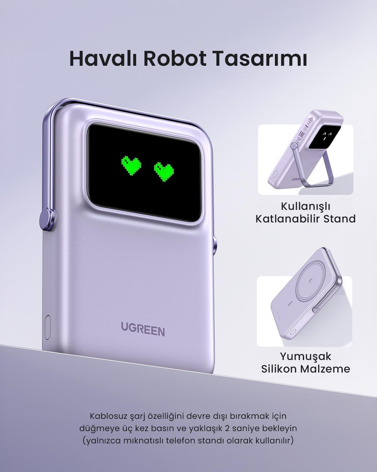 UGREEN Uno MagSafe Wireless 10.000 mAh 20W Hızlı Şarj Mini Powerbank, Mor, 45328