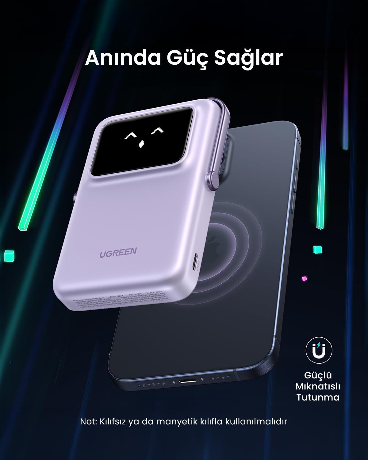 UGREEN Uno MagSafe Wireless 10.000 mAh 20W Hızlı Şarj Mini Powerbank, Mor, 45328