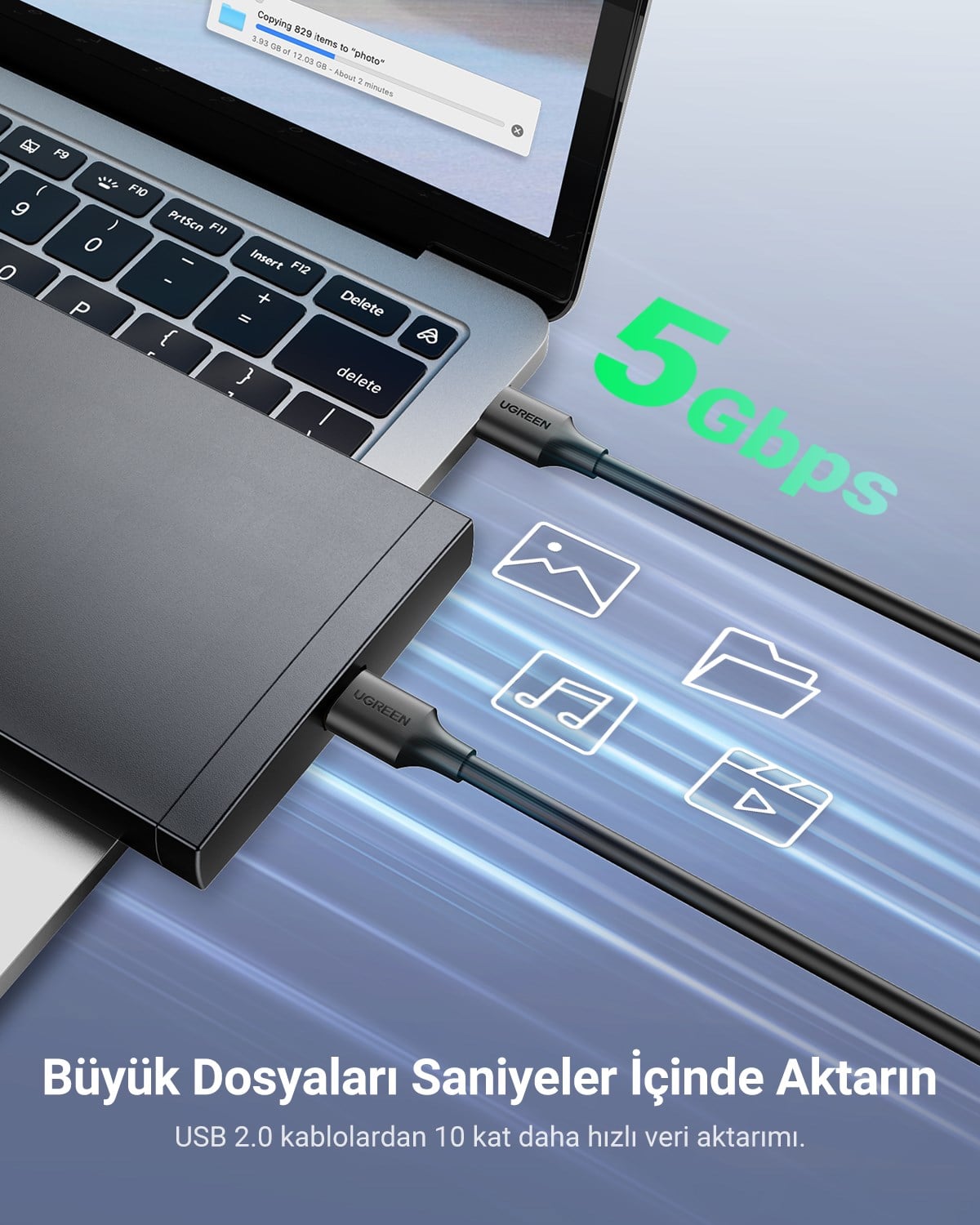 UGREEN USB-A to USB-A 3.0 5Gbps Veri Kablosu, 2 Metre, 10371