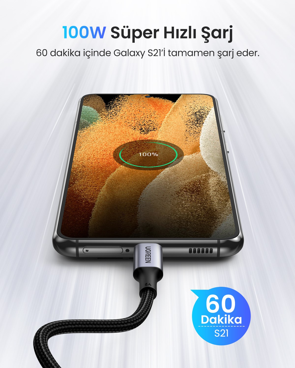 UGREEN USB-C 100W 5A QC PD 90 Derece Örgülü Hızlı Şarj Kablosu, 2 Metre, Siyah, 70645