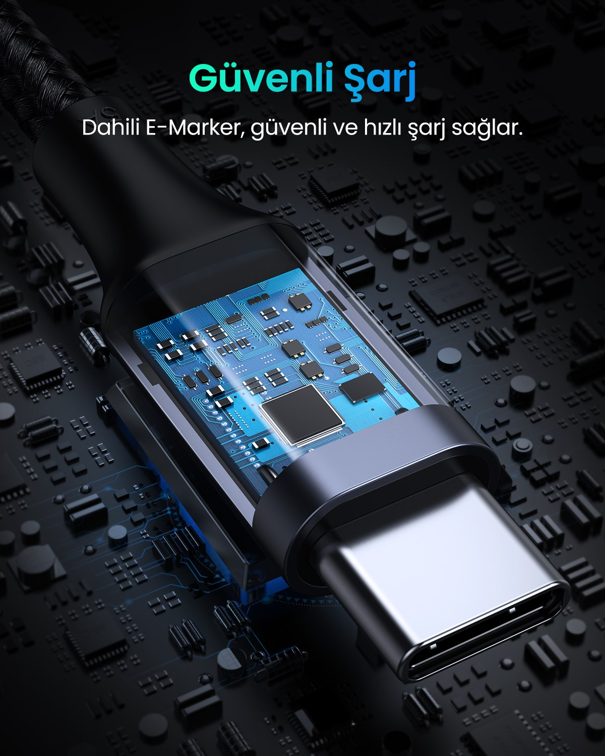 UGREEN USB-C 100W 5A QC PD 90 Derece Örgülü Hızlı Şarj Kablosu, 1 Metre, Siyah, 70643