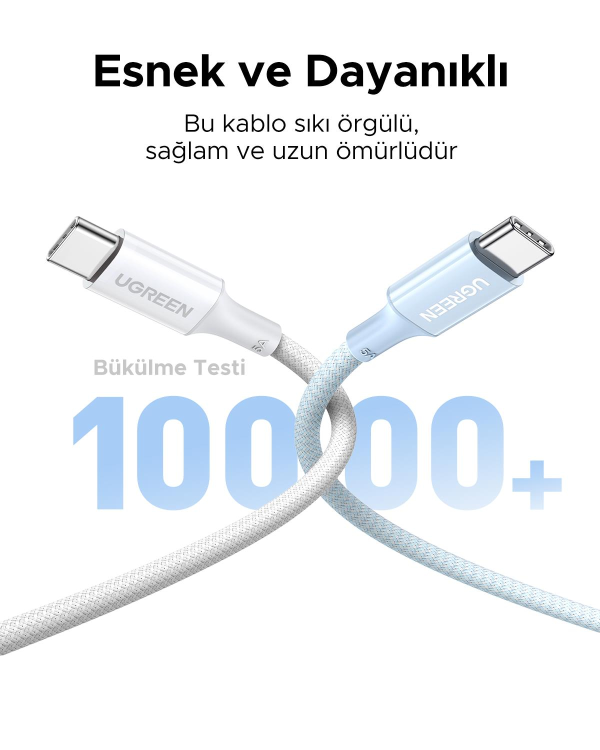 UGREEN USB-C 100W 5A QC PD Örgülü Hızlı Şarj Kablosu, 1 Metre, Mavi, 65253