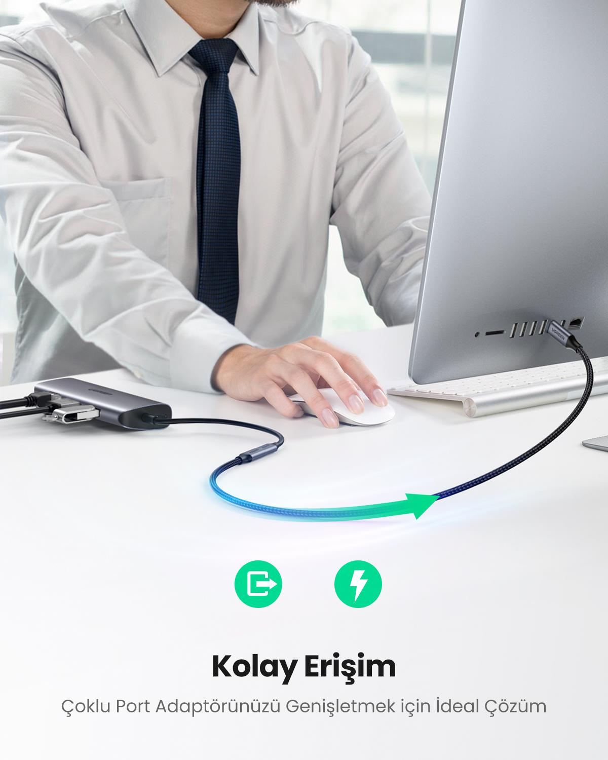 Ugreen USB C 3.1 Gen2 100W Thunderbolt 3 Alüminyum Gövde Örgülü Uzatma Kablosu 0.5m, Siyah, 80810