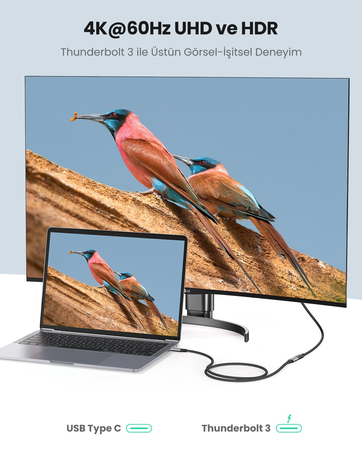 Ugreen USB C 3.1 Gen2 100W Thunderbolt 3 Alüminyum Gövde Örgülü Uzatma Kablosu 0.5m, Siyah, 80810