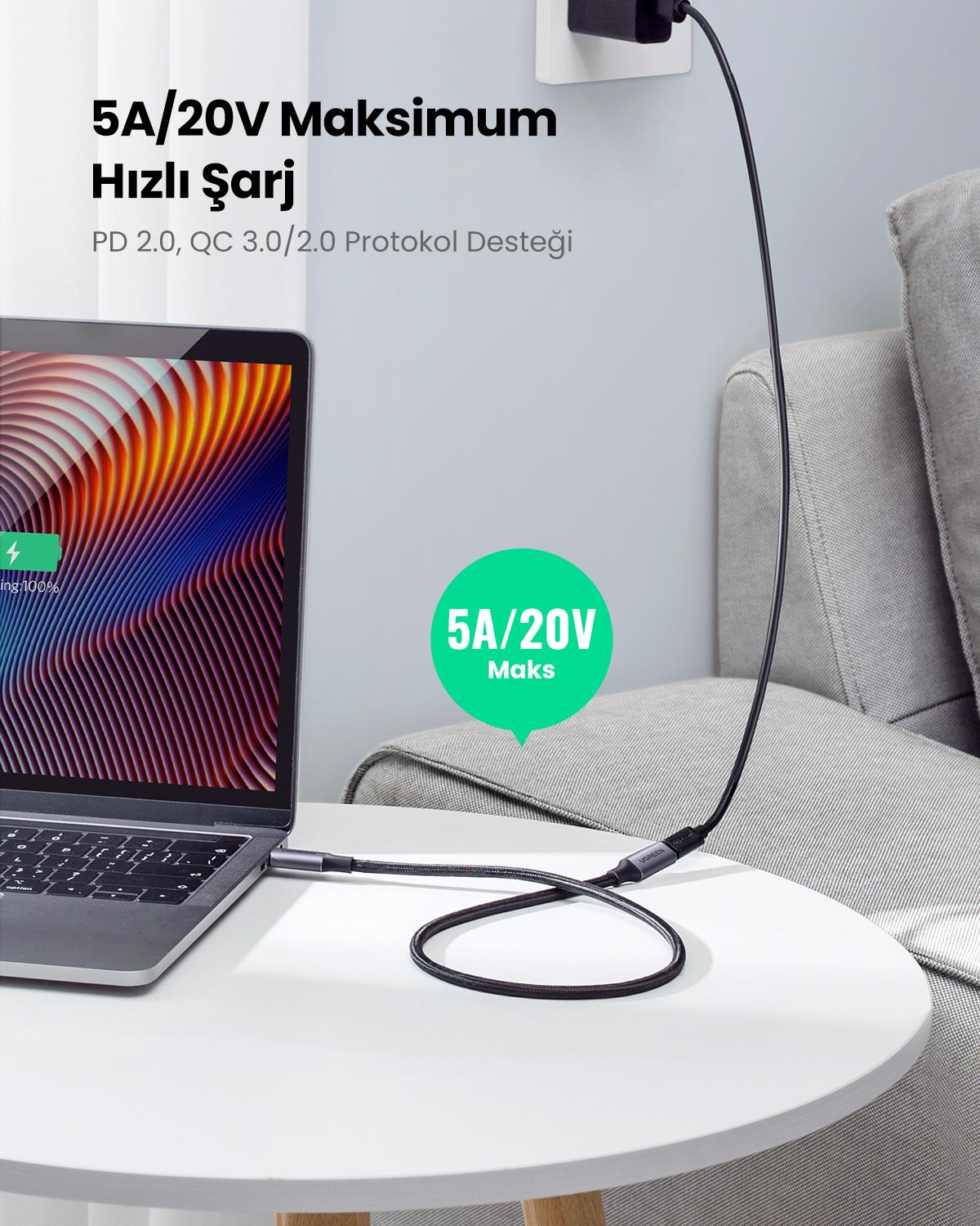 Ugreen USB C 3.1 Gen2 100W Thunderbolt 3 Alüminyum Gövde Örgülü Uzatma Kablosu 0.5m, Siyah, 80810