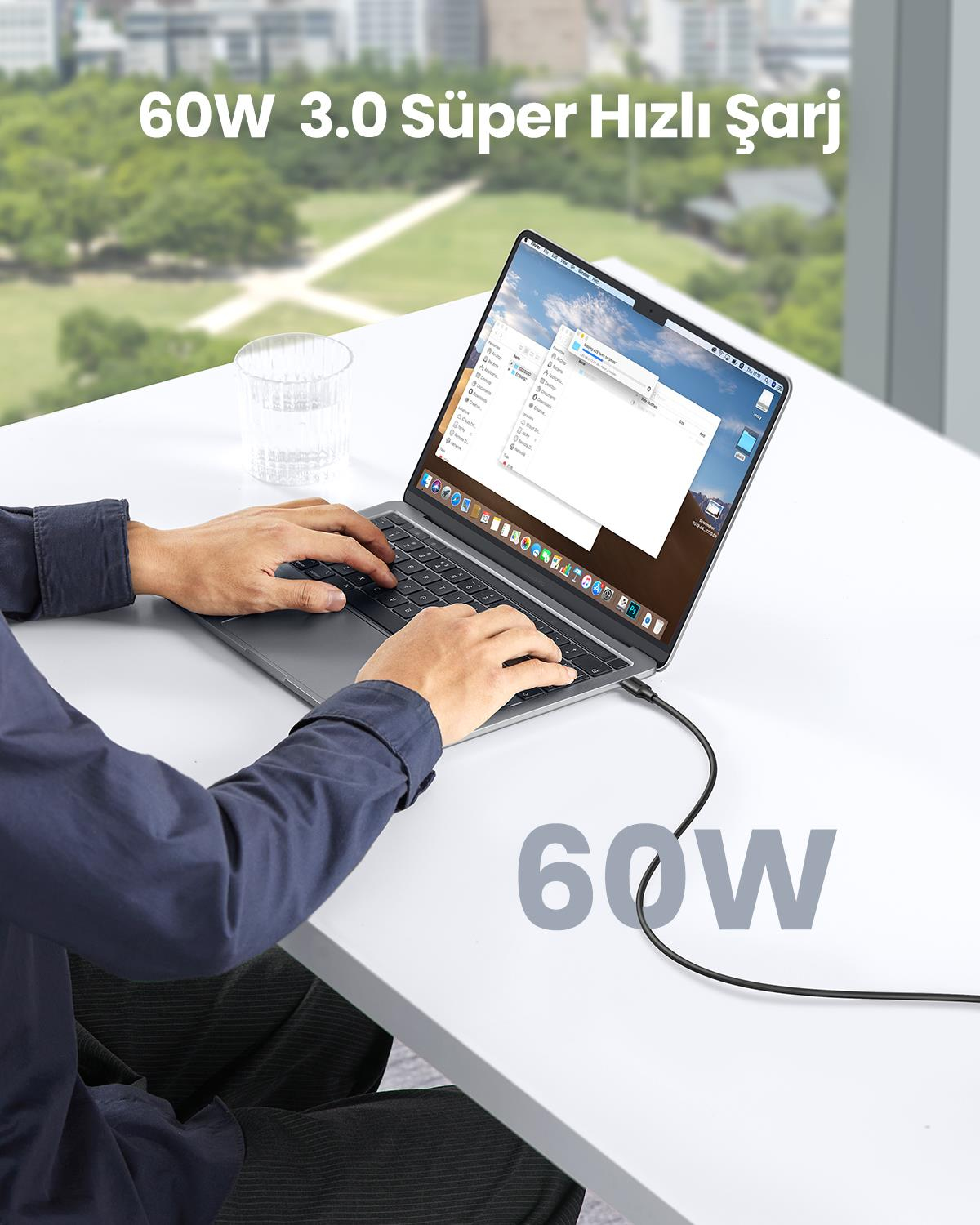 UGREEN USB-C 60W 3A QC PD Hızlı Şarj Kablosu, 1 Metre, Siyah, 50997