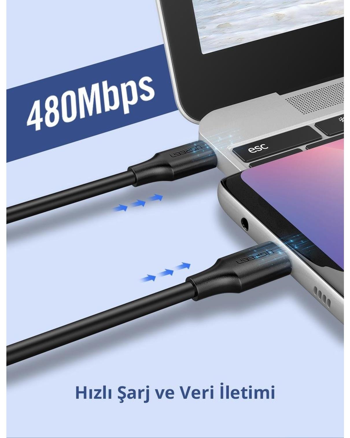 UGREEN USB-C 60W 3A QC PD Hızlı Şarj Kablosu, 2 Metre, Beyaz, 60520