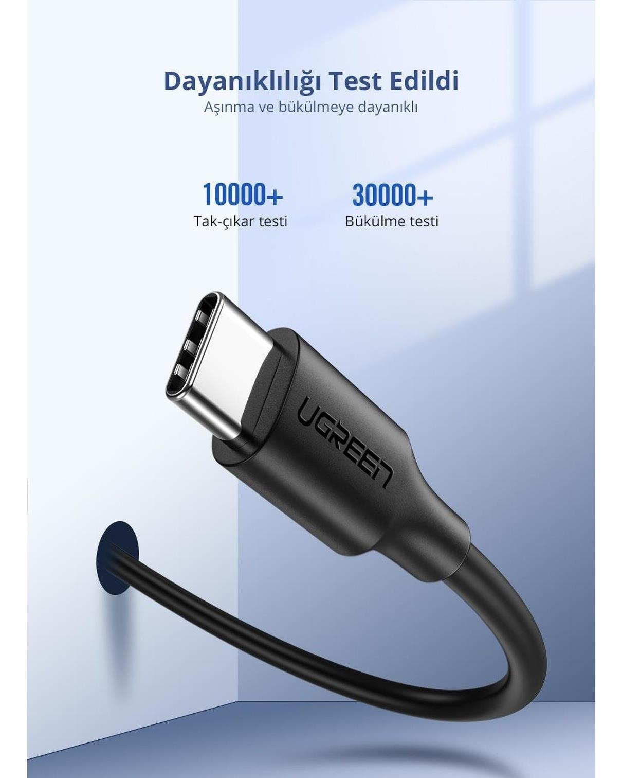 UGREEN USB-C 60W 3A QC PD Hızlı Şarj Kablosu, 2 Metre, Beyaz, 60520
