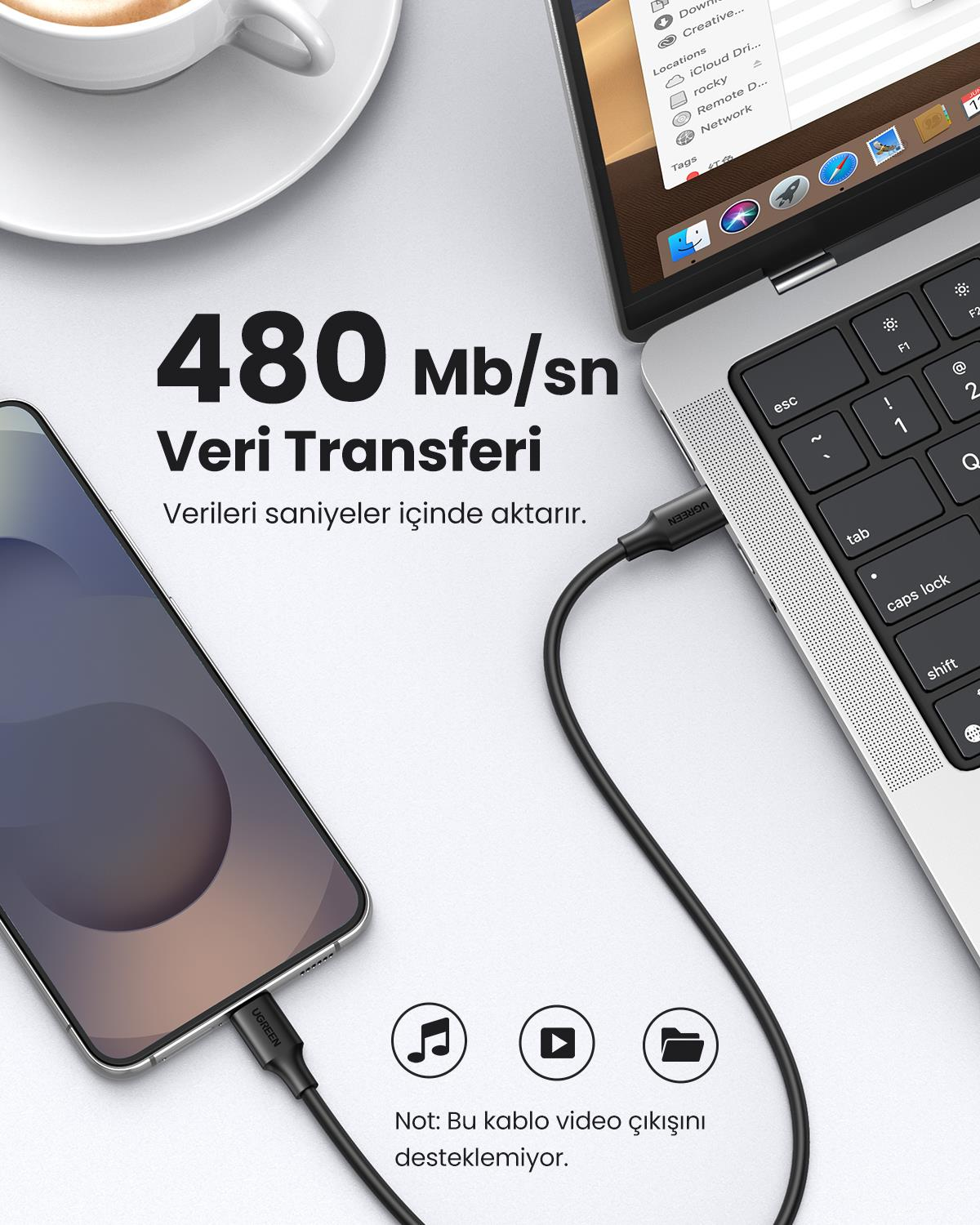 UGREEN USB-C 60W 3A QC PD Hızlı Şarj Kablosu, 1 Metre, Siyah, 50997