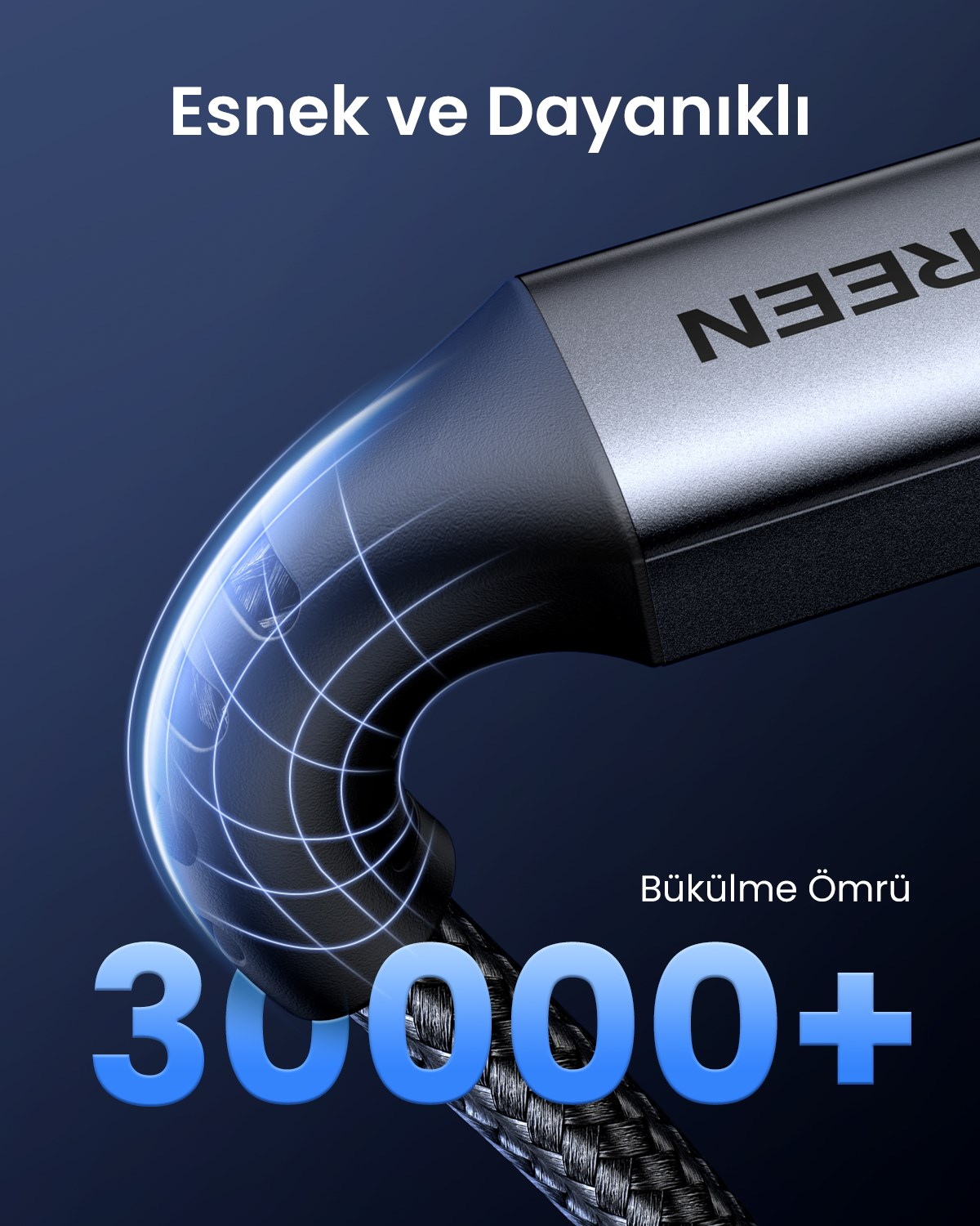 UGREEN USB-C 60W 3A QC PD Örgülü Hızlı Şarj Kablosu, 1 Metre, Siyah, 15373