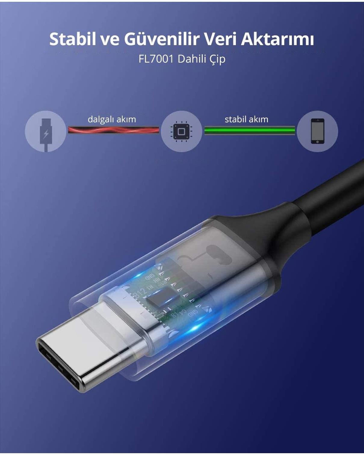 UGREEN USB-C 60W Thunderbolt USB3.1 GEN1 3A QC PD Hızlı Şarj Kablosu, 1.5 Metre, Siyah, 50751