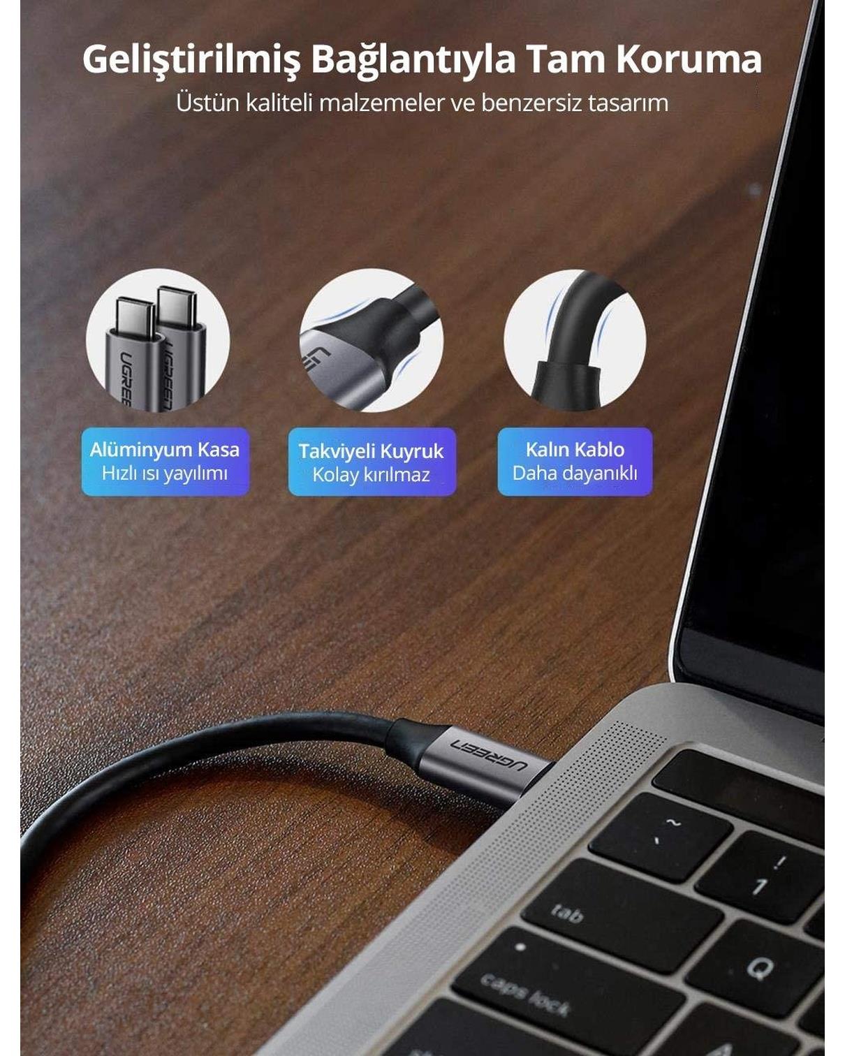 UGREEN USB-C 60W Thunderbolt USB3.1 GEN1 3A QC PD Hızlı Şarj Kablosu, 1.5 Metre, Siyah, 50751