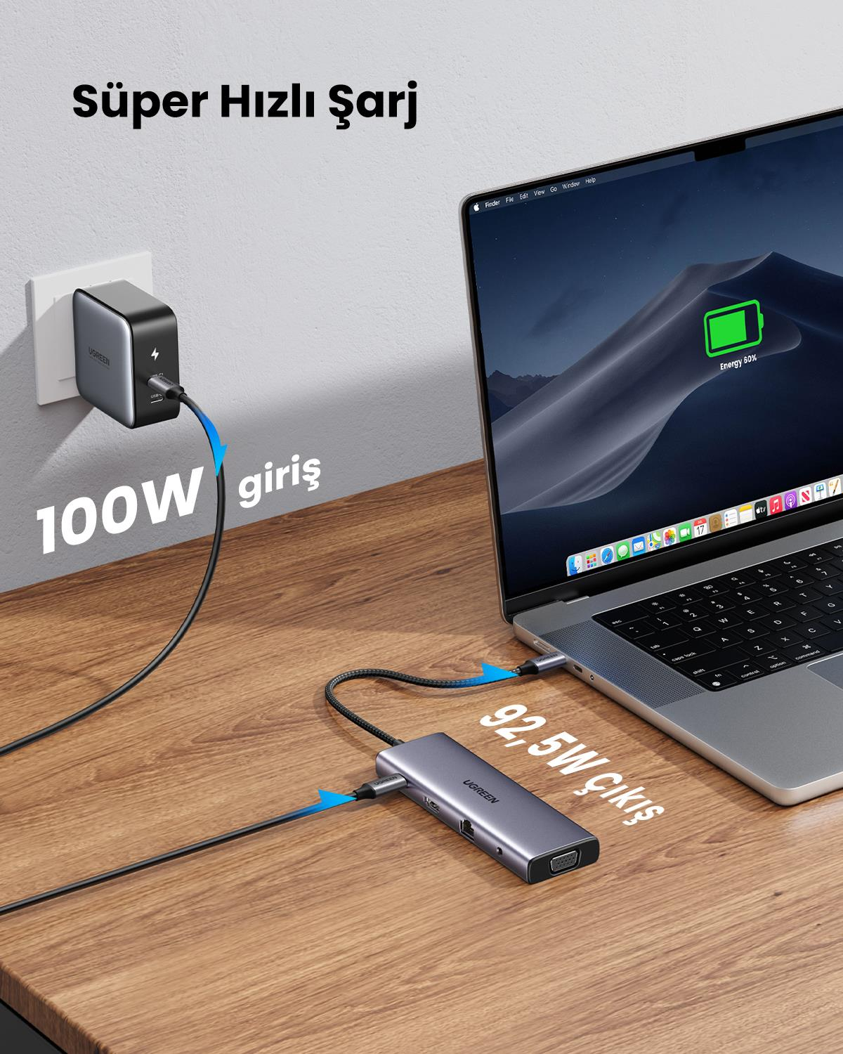 UGREEN 10-in-1 3xUSB 3.0, 100W Type-C, 4K/30Hz HDMI, RJ45, 1080p 60Hz VGA, Jak, SD, TF Kart Okuyucu Hub, 15601