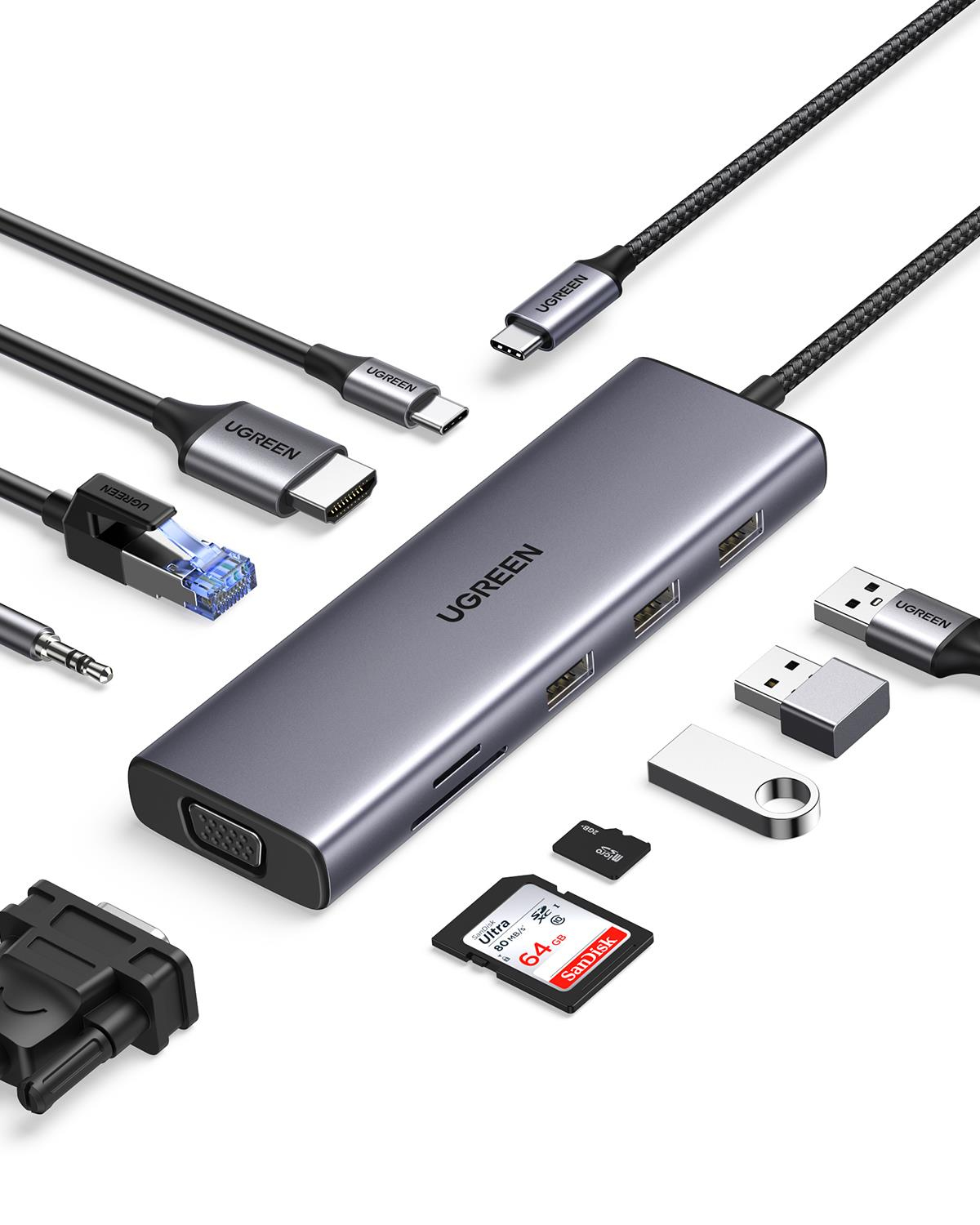 UGREEN 10-in-1 3xUSB 3.0, 100W Type-C, 4K/30Hz HDMI, RJ45, 1080p 60Hz VGA, Jak, SD, TF Kart Okuyucu Hub, 15601