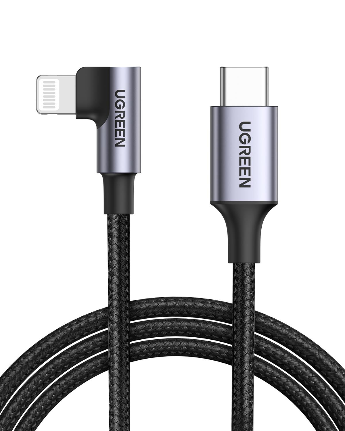 UGREEN USB-C to Lightning 3A QC PD 90 Derece Örgülü Hızlı Şarj Kablosu, 2 Metre, Siyah, 60765