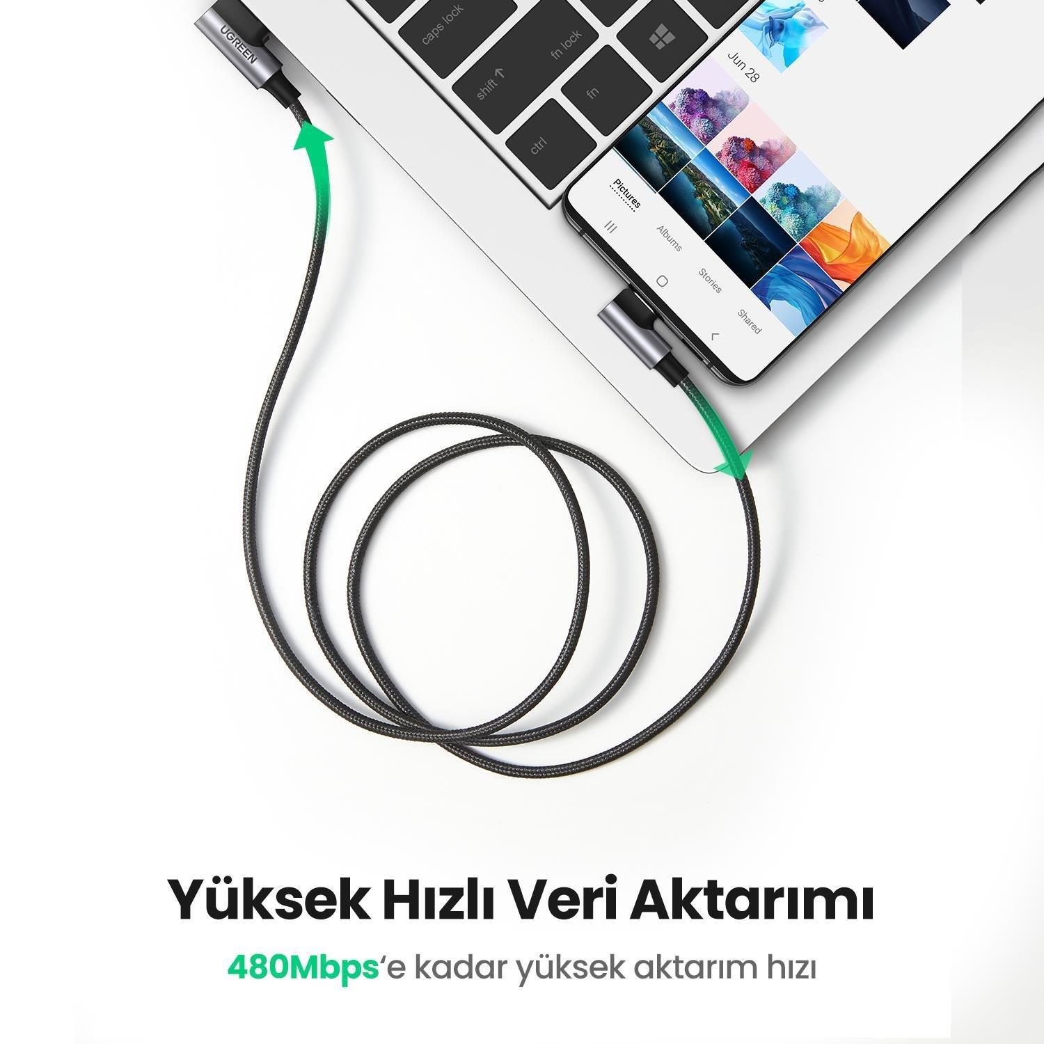 UGREEN USB-C to USB-A 3A QC 90 Derece Hızlı Şarj Kablosu, 3 Metre, Uzay Grisi, 70875