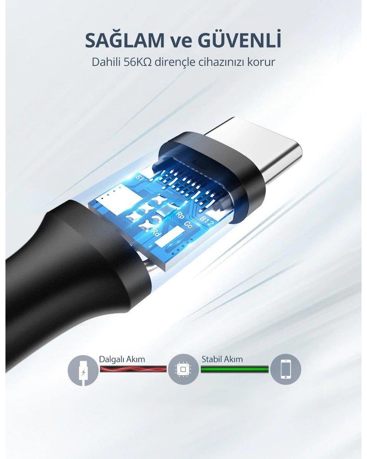 UGREEN USB-C to USB-A 3A QC Hızlı Şarj Kablosu, 2 Metre, Beyaz, 60123