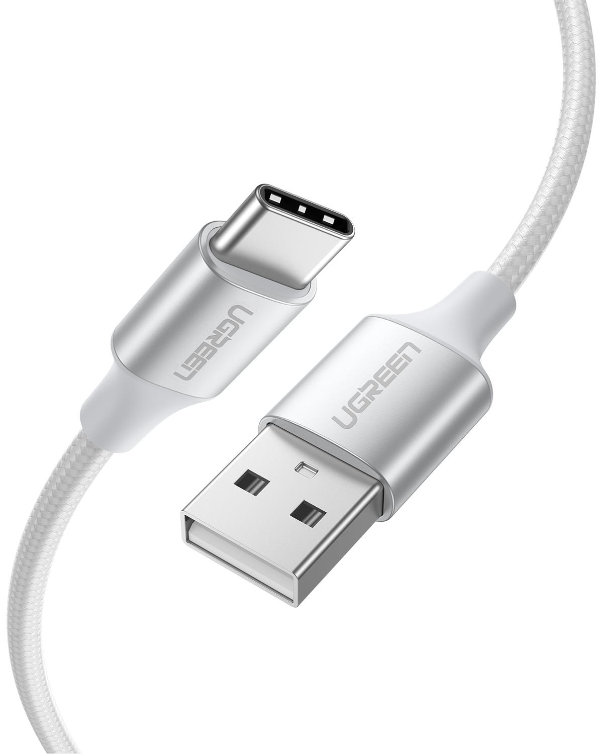 UGREEN USB-C to USB-A 3A QC Örgülü Hızlı Şarj Kablosu, 1 Metre, Gümüş Beyazı, 60131