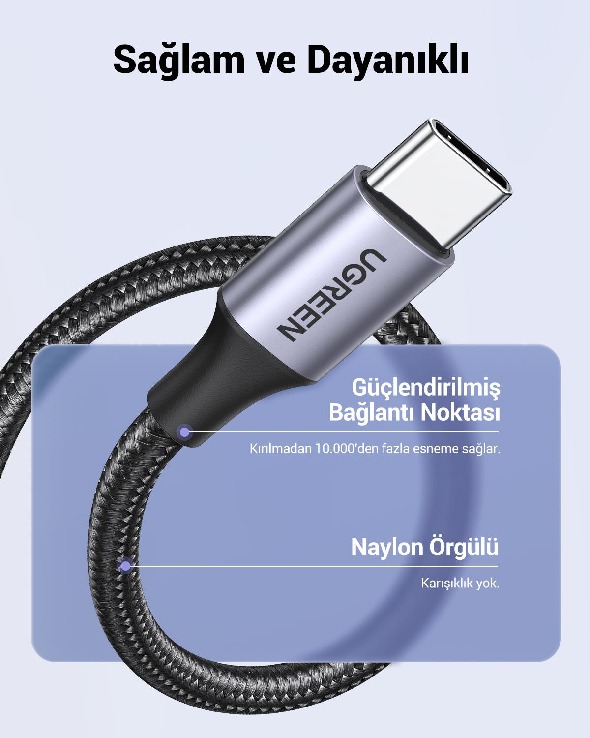 UGREEN USB-C to USB-A 3A QC Örgülü Hızlı Şarj Kablosu, 1 Metre, Siyah, 60126