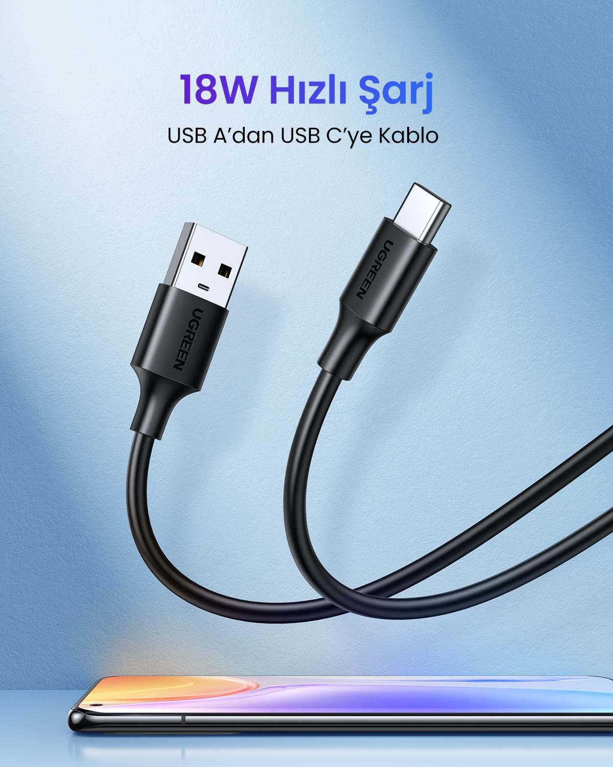 UGREEN USB-C to USB-A 3A QC Hızlı Şarj Kablosu, 1.5 Metre, Siyah, 60117