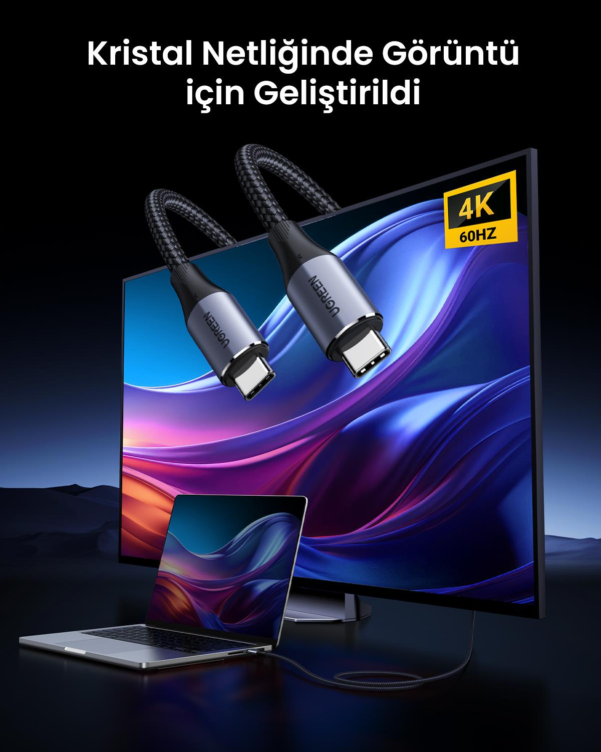 UGREEN USB-C 100W Thunderbolt USB3.1 GEN2 5A QC PD Hızlı Şarj Kablosu, 1 Metre, Siyah, 80150