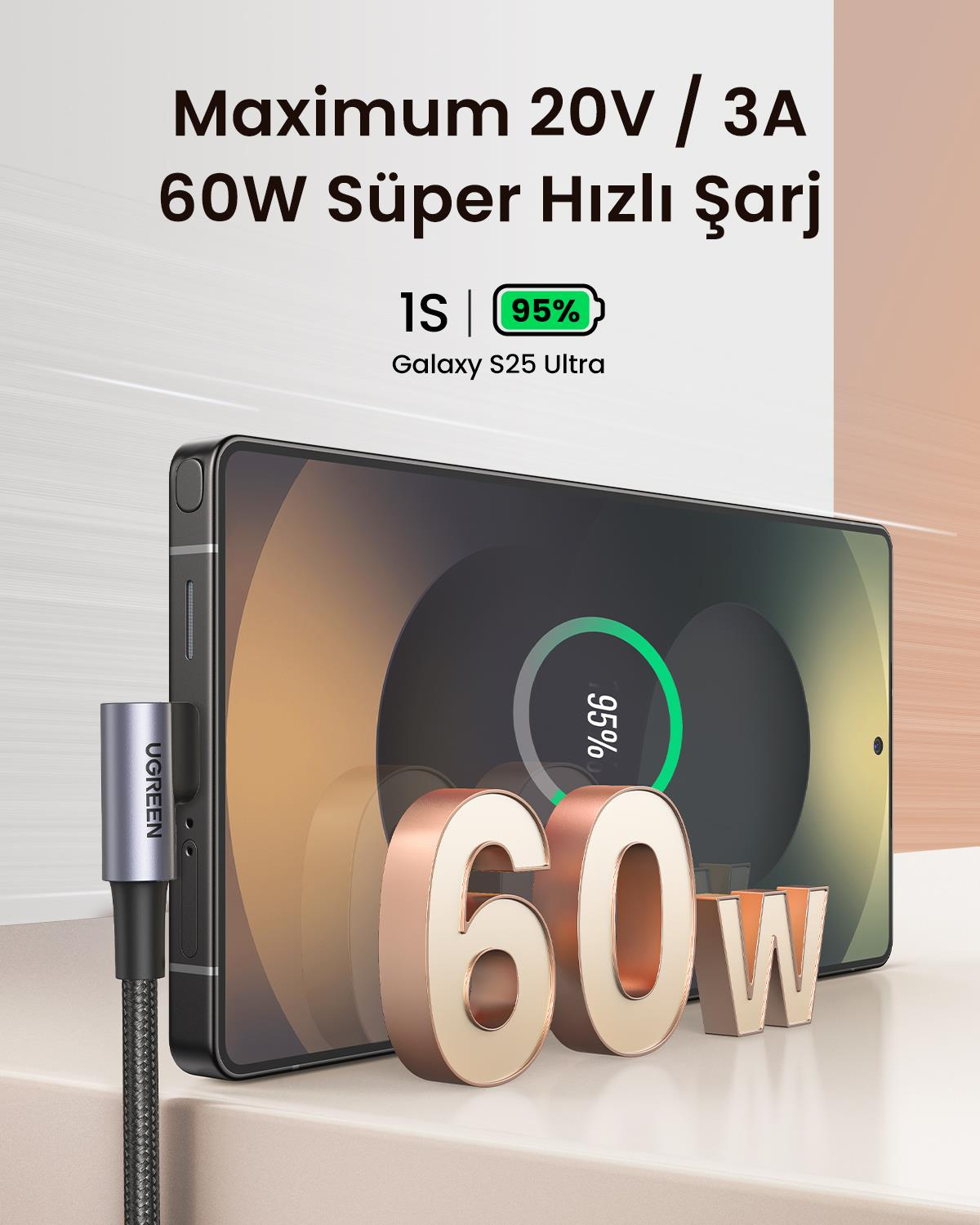 UGREEN USB-C 60W 3A QC PD Çift Tarafı 90 Derece Örgülü Hızlı Şarj Kalosu, 2 Metre, Siyah, 70531