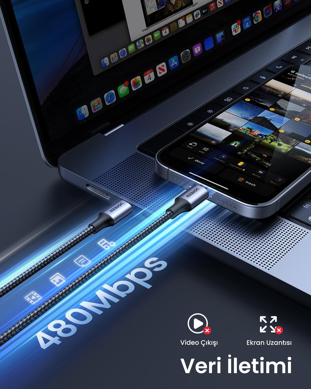 UGREEN USB-C 60W 3A QC PD Örgülü Hızlı Şarj Kablosu, 2 Metre, Siyah, 50152