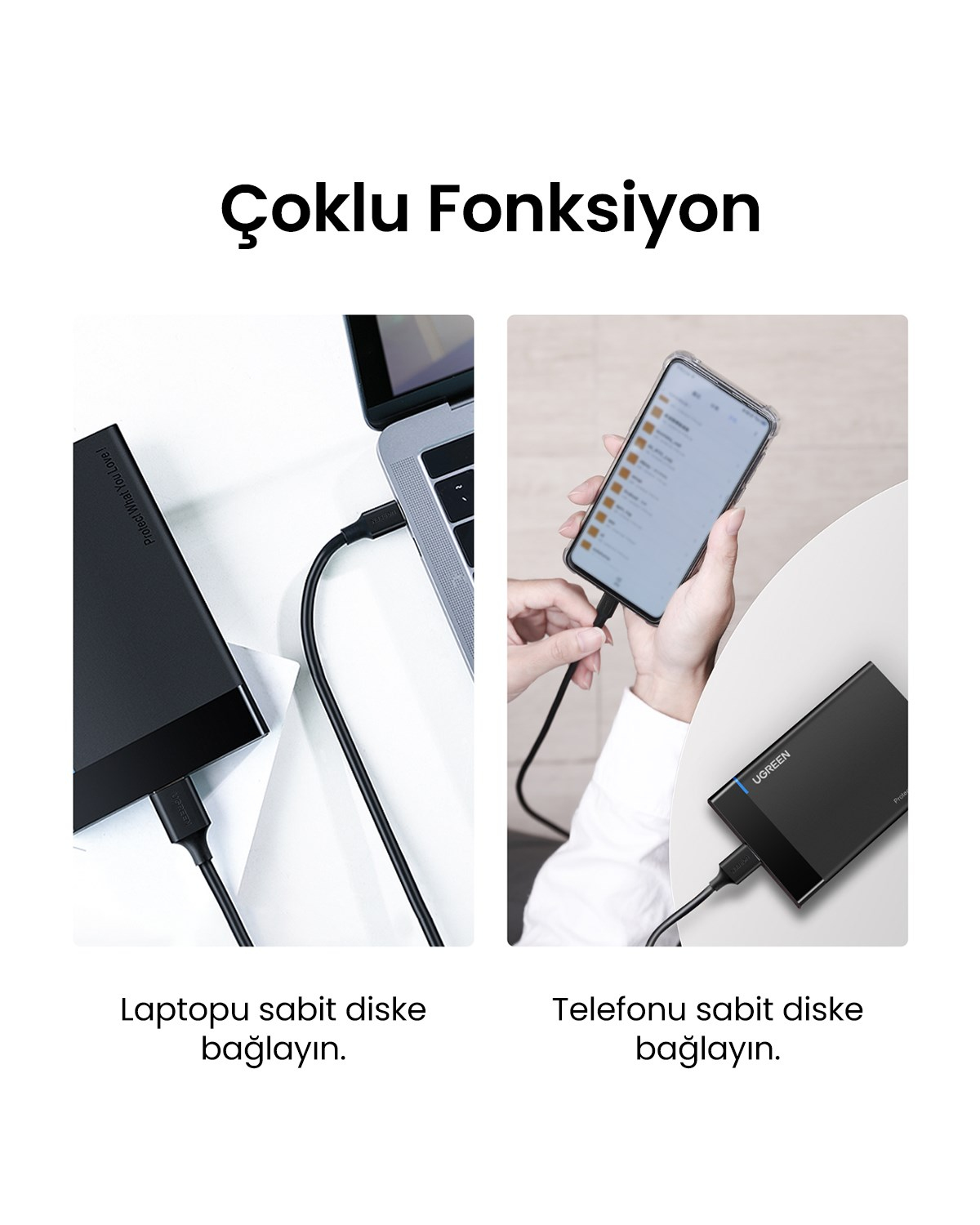 UGREEN USB-C to USB Micro B 1 Metre, Siyah, 20103