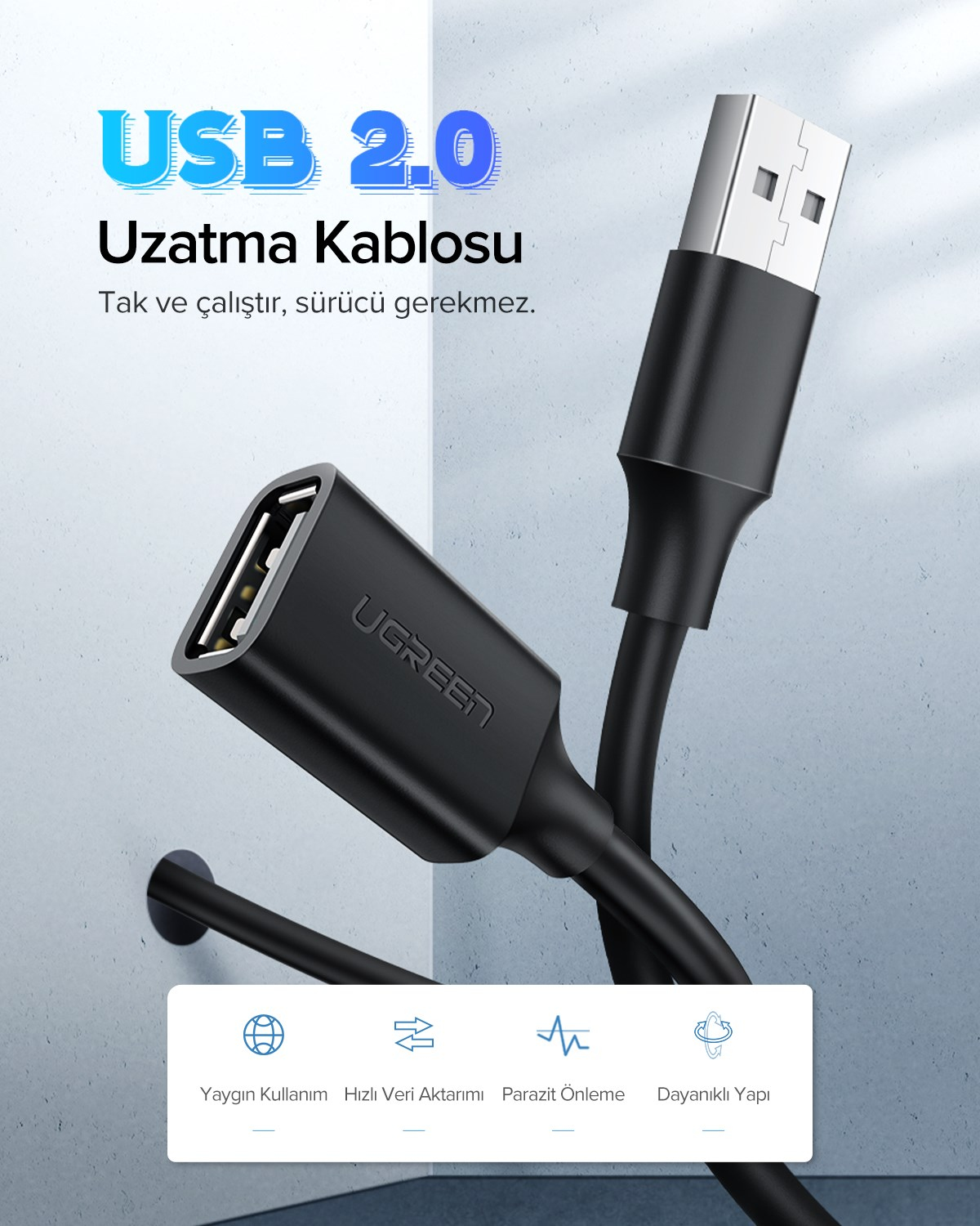UGREEN USB Uzatma Kablosu, 2 Metre, 10316