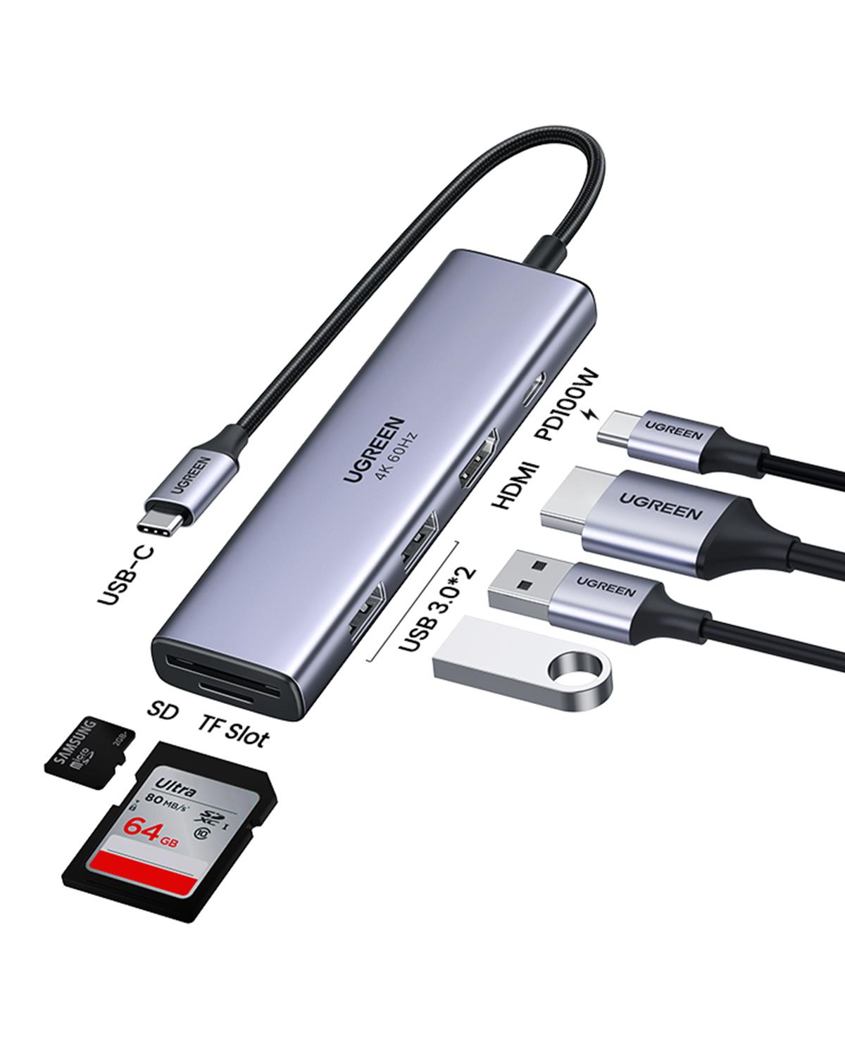 UGREEN 6-in-1 USB-C 2xUSB-A 3.2, 2xUSB-C 3.2, PD,
