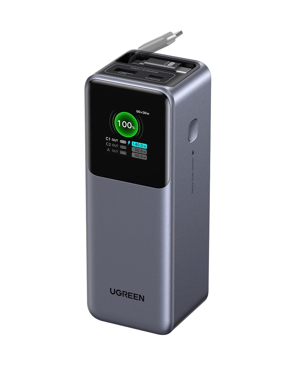 UGREEN Nexode Pro 20.000 mAh 165W USB-C Makaralı Dahili Kablolu Şarj Powerbank, 2xUCB-C, 1598xUSB-A, 55987B