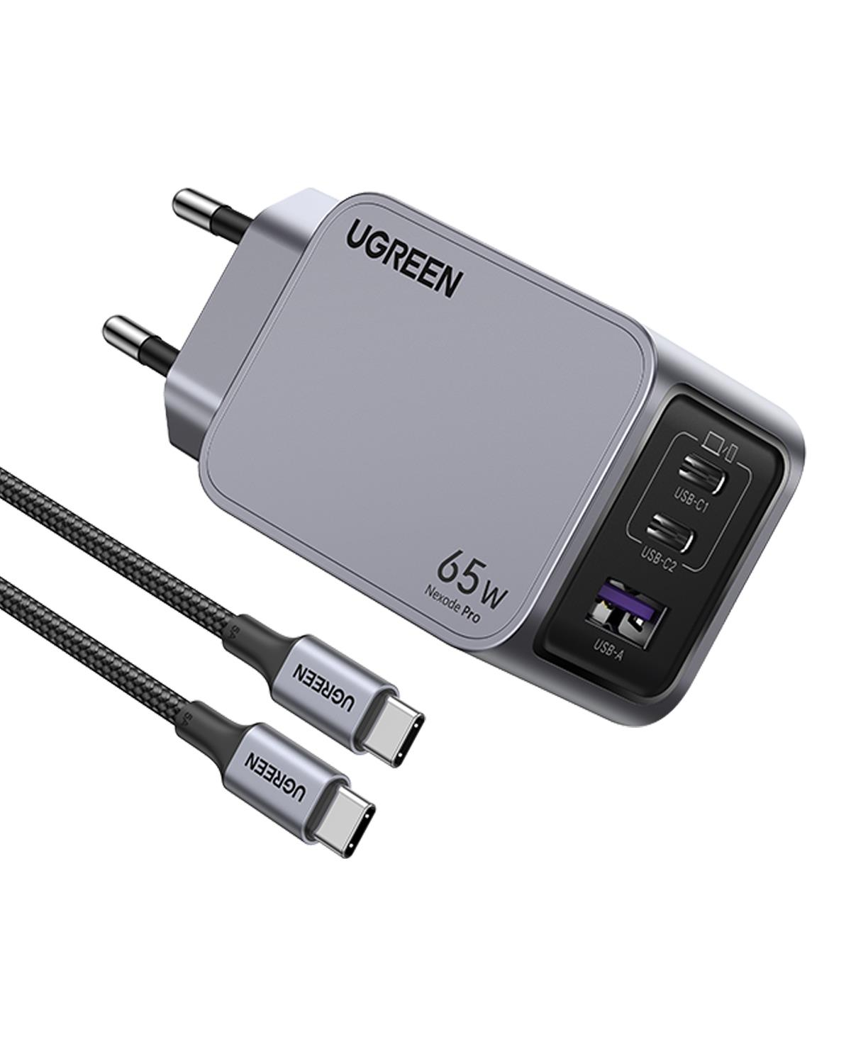 UGREEN Nexode Pro 65W GaN Hızlı Şarj Cihazı Type-C QC PD 2xUSB-C, 1xUSB-A, 1.5M 100W Kablo Dahil, Uzay Grisi, 25871
