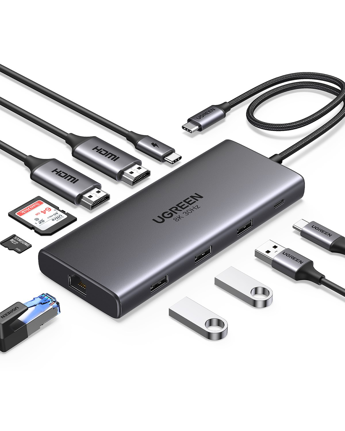 UGREEN Revedok Pro 210 10-in-1 Type-C Giriş 2xUSB-A 2.0, 1xUSB-A 3.0, 2xUSB-C, 2xHDMI 8K/4K, SD, TF, RJ45, 15534