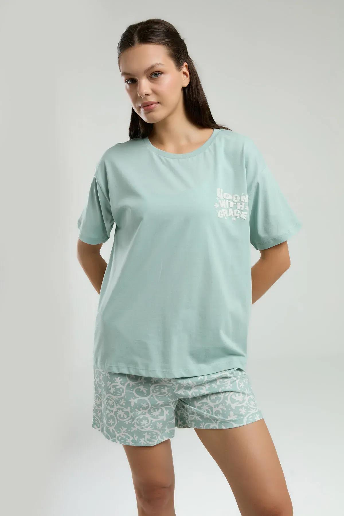 %100 Pamuklu Şortlu Yeşil Pijama Takımı