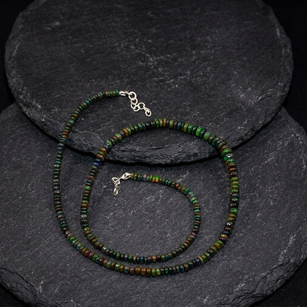 OPAL SİYAH TAŞI KOLYE- GÜMÜŞ AKSAMLI 4 MM