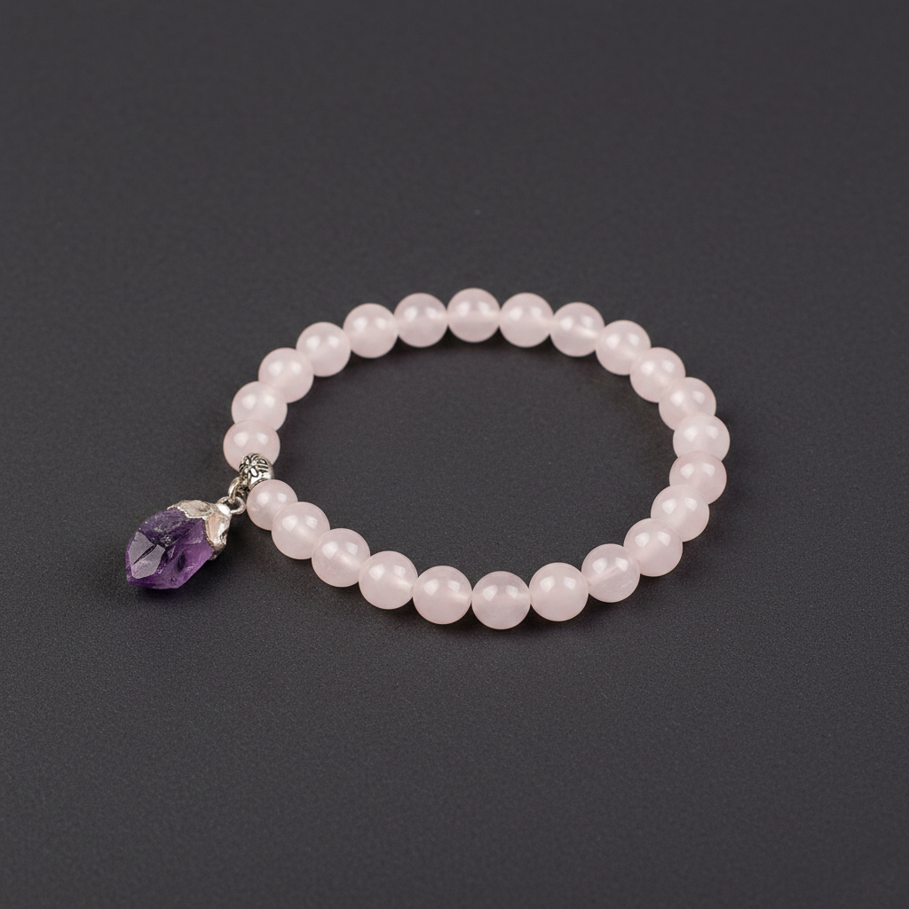 PEMBE KUVARS  -AMETİST SALANTILI TAŞI ELASTİK BİLEKLİK  8 MM