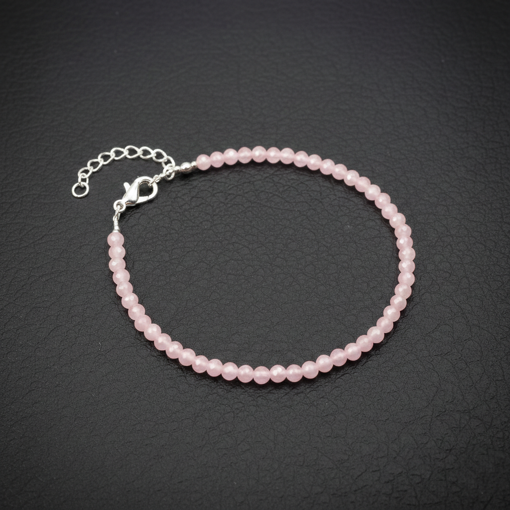 PEMBE KUVARS TAŞI BİLEKLİK- GÜMÜŞ AKSAMLI 4 MM