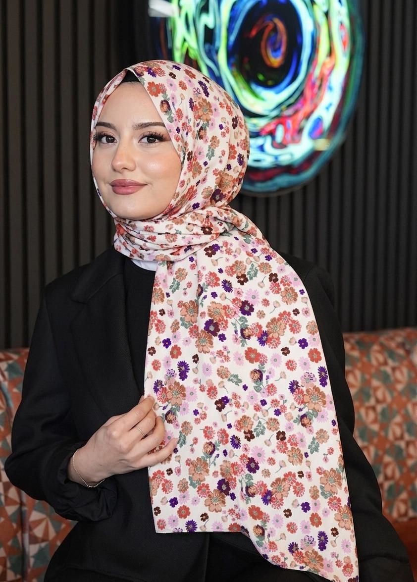 Çiçek Desen Beyaz Soft Pamuk Şal