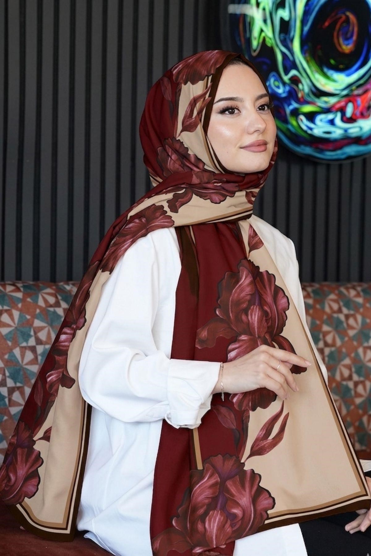 Çiçek Desen Bordo Soft Pamuk Şal