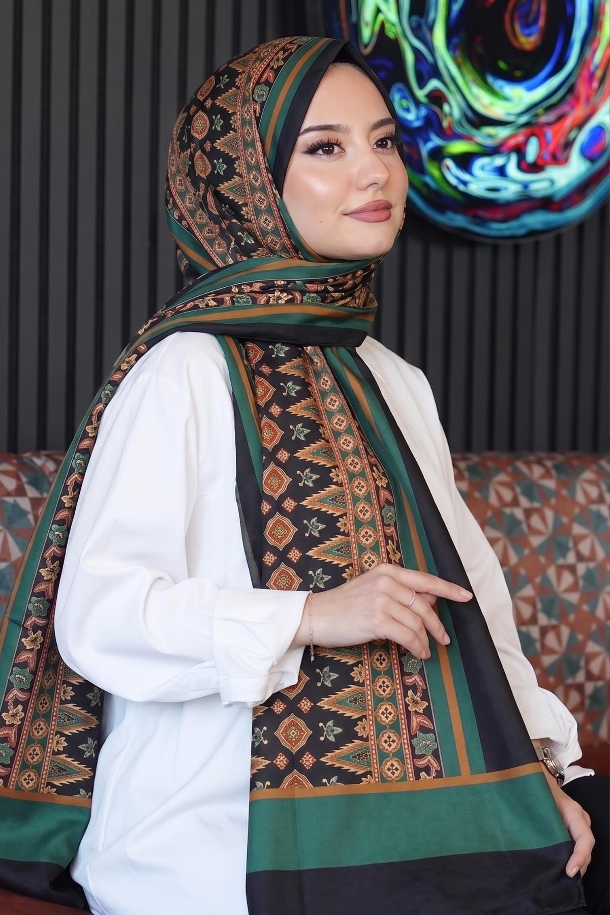 Çiçek Desen Yeşil Soft Pamuk Şal
