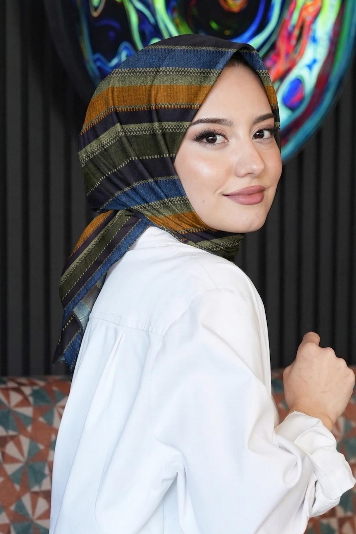 Çizgili Desen Kahverengi Soft Pamuk Eşarp