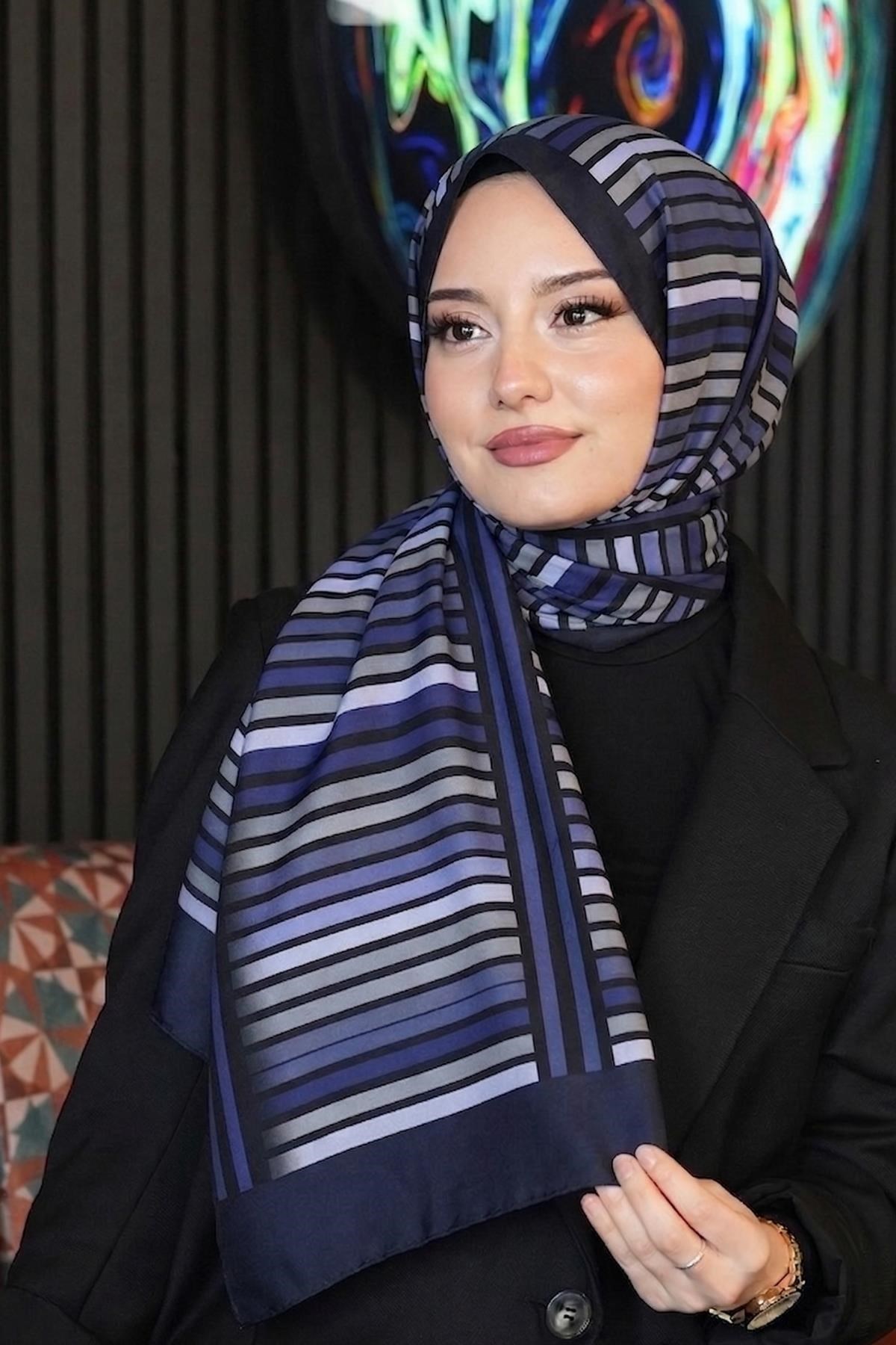 Çizgili Desen Mor Soft Pamuk Şal